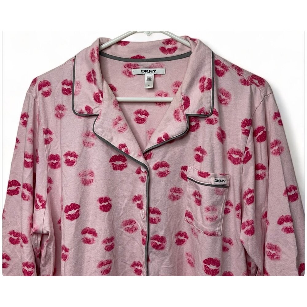 DKNY Womens XL Pink Kiss Print Pajama Top Cotton & Modal Long Sleeve Button-Up - Picture 2 of 9